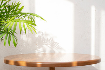 Wall Mural - close-up of empty clean round table with green palm leaves and window sun light shadows on abstract 