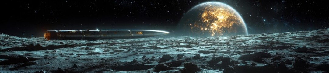 Wall Mural - Spaceship on the Moon's Surface with Earth Visible in the Distance. Generative AI