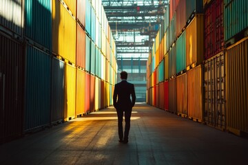 Wall Mural - A man walks through a warehouse with many colorful containers