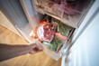 © DimaBerlin - Female hands retrieving frozen raspberries and green beans from fridge box, food in zip bags. Winter supply, fresh berries for desserts, drinks, vegetables for salads, preserving nutrients. Top view