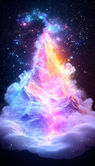 mountain shrouded in radiant, colorful energy rising into a starry celestial sky
