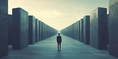 Wall Mural - A man stands in a long, empty hallway with tall concrete pillars