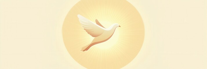 Poster - White dove flying against a glowing golden sun symbolizing peace and hope in a serene atmosphere