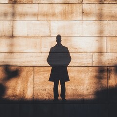 Wall Mural - A man is standing in front of a wall, casting a shadow on the wall