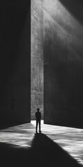 Wall Mural - A person stands in a dark room with a large opening in the wall