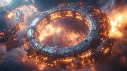 Wall Mural - Orbiting space station with fiery plasma explosions and cosmic clouds. Generative AI