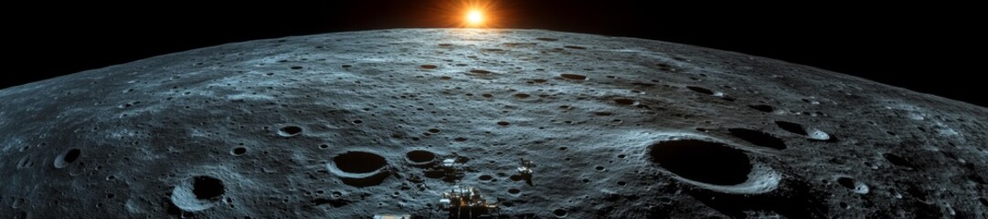 Wall Mural - Wide-angle view of a lunar surface with a spaceship on the moon's horizon. Generative AI