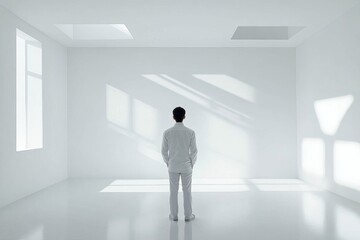 Wall Mural - A man stands in a white room with no furniture or decoration