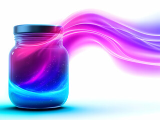 Wall Mural - a vibrant jar emits colorful light waves in purple and blue hues, creating a mesmerizing visual effe