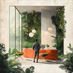 Wall Mural - a man is standing in front of a desk with a computer and a potted plant