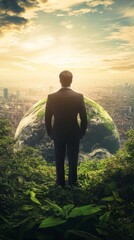 Wall Mural - a man stands in front of a large green planet