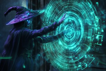 Wall Mural - A woman in a purple hat is touching a glowing orb