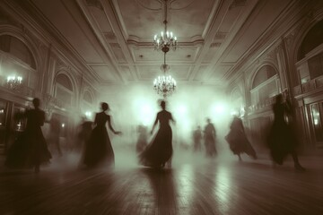 Wall Mural - A group of women in black dresses are dancing in a foggy room