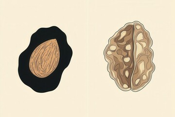 Aufkleber - Modern abstract line art representation of almond and walnut showcasing minimalist nut design in contemporary style