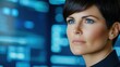 © Fxquadro - Woman In Front Of Digital Screens Showing Blue Data.