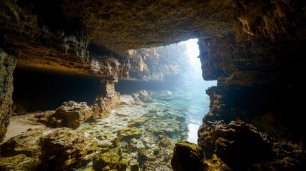 Wall Mural - Exploring a vast underwater cave natural wonder cave system marine environment submerged viewpoint adventure concept
