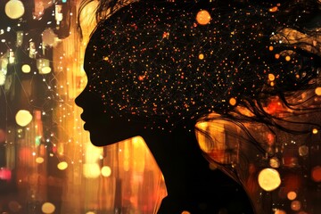 Wall Mural - A woman's face is shown in a painting with a lot of light and dark colors