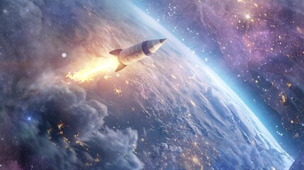 Wall Mural - Rocket Launching into Space with Fiery Trail and Earth View. Seamless looping video animation background