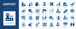 © Jan - Airport flat icons collection. Plane, flight, runway, pilot, detector, landing, boarding pass, travel, baggage, arrival, tourism sign set.
