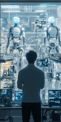 Wall Mural - a man is looking at a display of robots