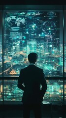 Wall Mural - a man in a suit is looking out a window at a cityscape