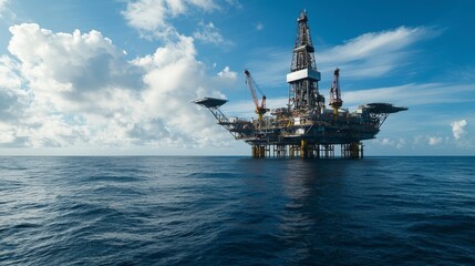 Poster - High-tech offshore oil platform operations ocean industrial photography clear skies wide angle environmental impact