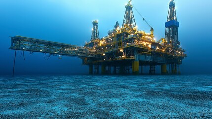 Fototapete - Aerial view of offshore oil rigs monitoring underwater structures in aquatic environments with exploration tech