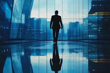 Wall Mural - a man walks in a city with tall buildings and a glass ceiling