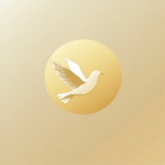 Poster - Minimalist icon featuring a white dove soaring against a glowing sun with soft golden hues reflecting a sense of peace and freedom