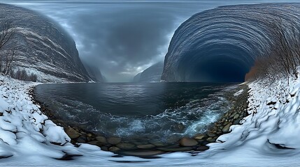 A cold scenic coastal scene with mountains and dark waters