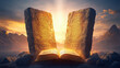© fotoyou - Stone Tablets of Ten Commandments and Bible Book Between Them at Sunset