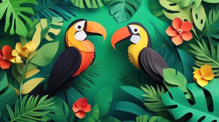 Naklejka na meble Two toucans amidst vibrant paper-cut tropical foliage and flowers.