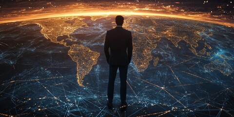 Wall Mural - a man stands in front of a globe with a city on it