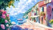 © ศุภมาส - A detailed watercolor illustration of an Italian seaside town with fishing boats, narrow alleys, and blooming flowers, soft artistic strokes