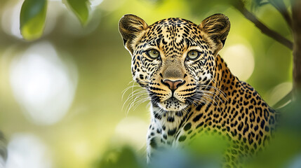 majestic leopard portrait in blurred green savanna setting