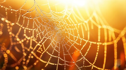 A breathtaking macro photograph of dewdrops clinging to an intricate spider web, shimmering in the golden light of sunrise