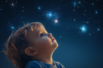 Wall Mural - A young child is looking up at the stars in the night sky
