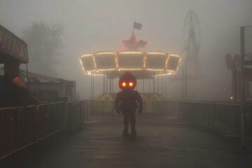 Wall Mural - A man in a costume stands in front of a carnival ride
