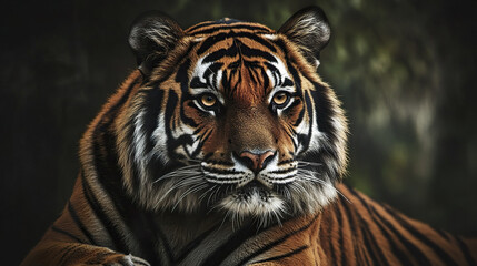 Wall Mural - majestic tiger with sharp amber eyes in lush forest setting