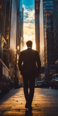 Wall Mural - a man in a suit walks down a city street at sunset
