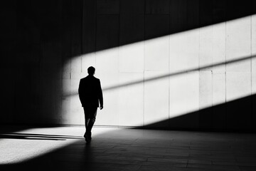Wall Mural - A man walks down a hallway with a shadow behind him