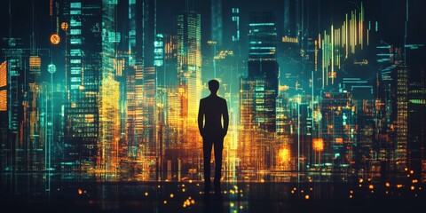 Wall Mural - a man stands in the middle of a city at night
