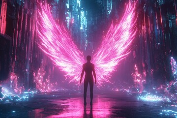 Wall Mural - A man stands in front of a pink winged creature in a city