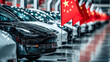 © Dina Photo Stories - Row of electric cars and China flag hanging over them. warehouse car stocks, chinese car dealer, car production and export. automobile industry crisis. Taxes for Chinese electric cars