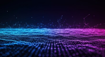 Abstract digital technology backdrop. Neon blue green purple wave particles and glowing dots on black background. Futuristic cyberspace design. Data stream. Digital artificial intelligence, network.  