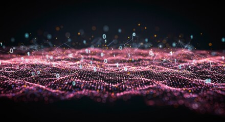 Software matrix background. Programming code. Abstract digital technology backdrop. Random binary data stream. 1 0 machine code. Neon pink waves, light particles, glowing dots and numbers on black. 