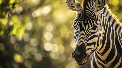 Wall Mural - close up of zebra with intense gaze in sunlit forest