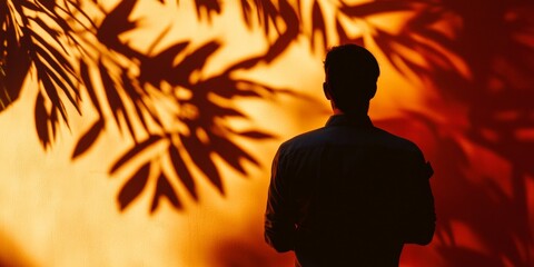 Wall Mural - a man stands in front of a tree with leaves, casting a shadow on the ground