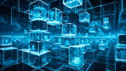 Wall Mural - a series of floating, three-dimensional transparent glass cubes arranged in a dynamic layout, each c