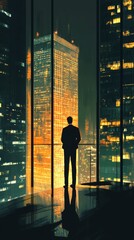Wall Mural - a man is standing on a balcony of a tall building in a city at night